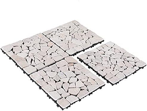 PURE ERA Natural Real Stone Interlocking Floor Deck Tiles Indoor Outdoor Use 12"x12" (4Pcs, 4 sq. Ft, Sliced Tan)- Great Upgrade to Patio Backyard Pathway