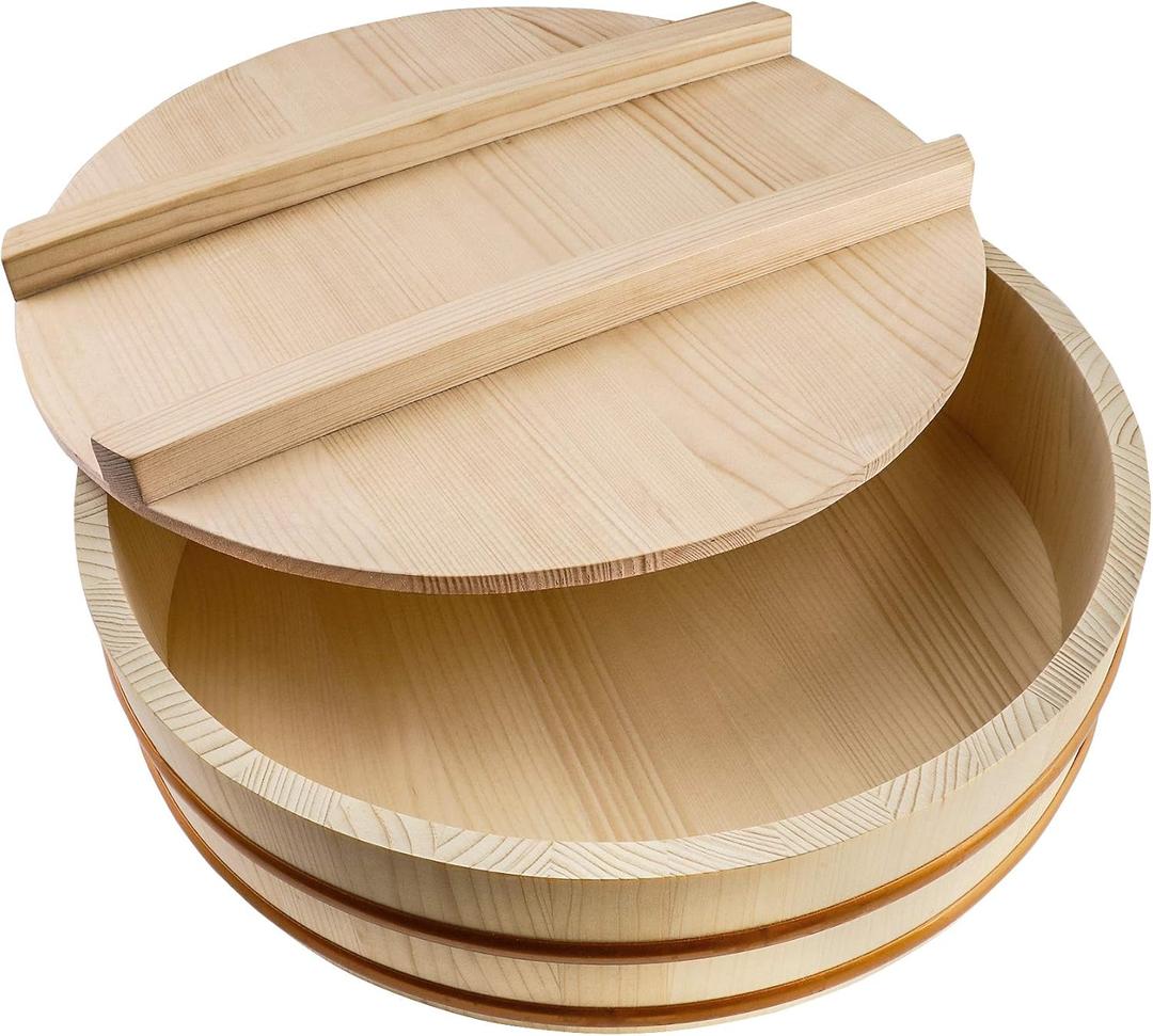 Kichgather Wooden Sushi Rice Bowl with Lid Hangiri Sushi Oke Sushi Rice Mixing Tub (10.6  with lid)