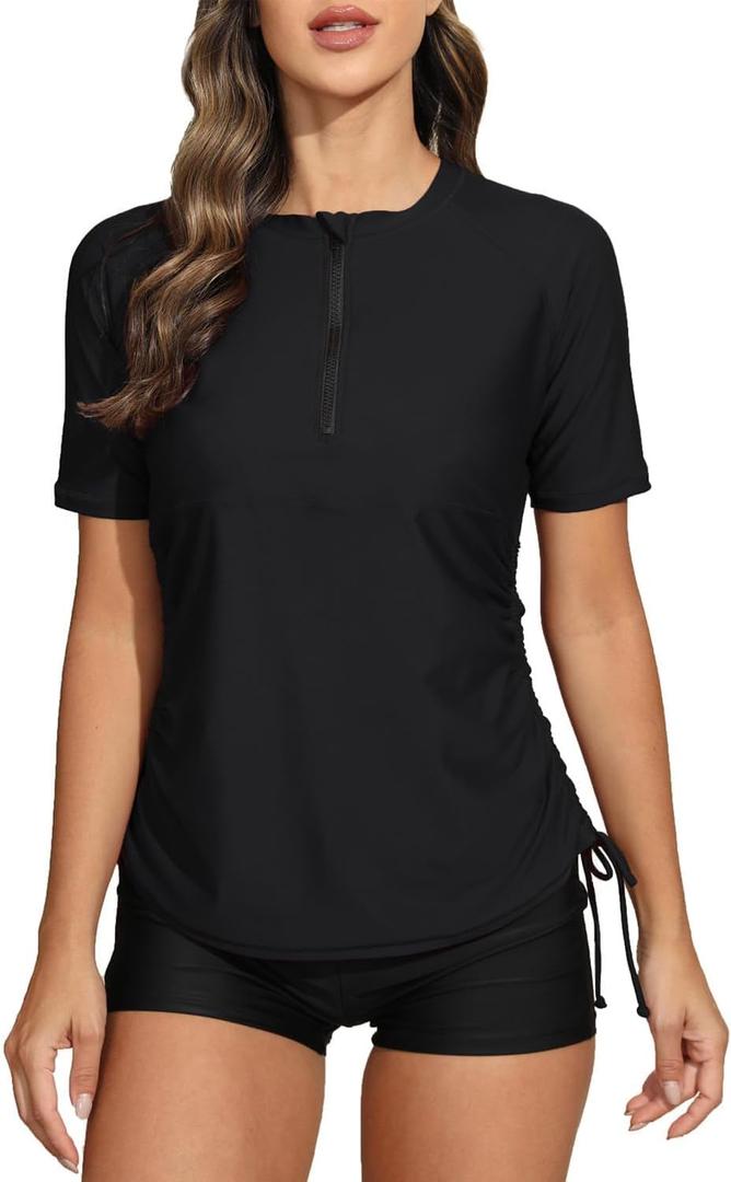 Halcurt Women's Half Zip Short Sleeve Rash Guard Swimsuit Top Ruched Swim Shirt UPF50+ Quick Dry Bathing Suit (XX-Large, Black) Halcurt Women's Half Zip Short Sleeve Rash Guard Swimsuit Top Ruched Swim Shirt UPF50+ Quick Dry Bathing Suit (XX-Large, Black)