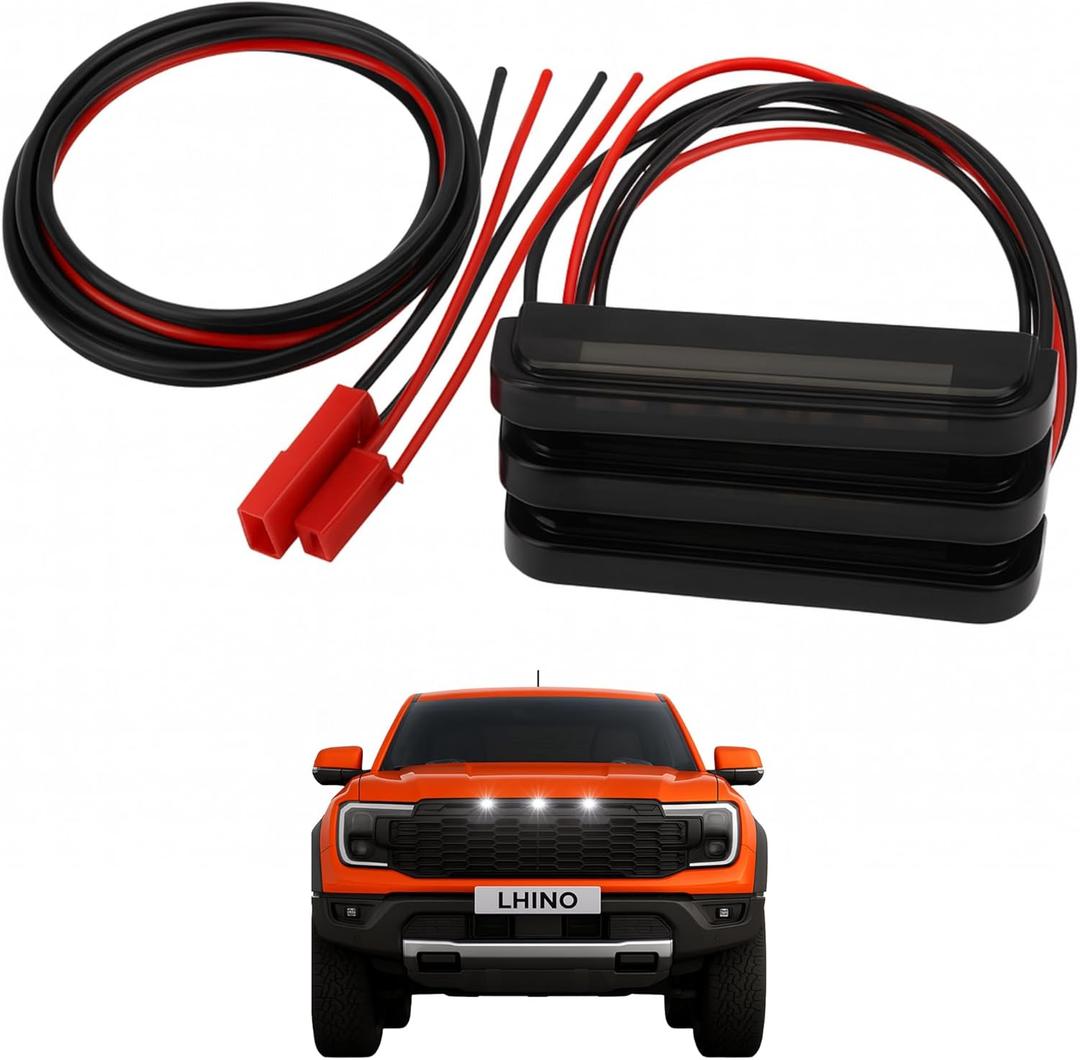 3pc White LED Front Grille Lights Compatible with 2022-2025 Ford Next-Gen Ranger Raptor Trucks, Smoked Lens, Seamlessly Integrates with AUX Switch (White, 3 LED)