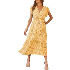 PRETTYGARDEN Women's Summer Floral Boho Maxi Dress Wrap Short Sleeve V Neck Ruffle A-Line Flowy Wedding Guest Long Dresses, Small, Yellow)