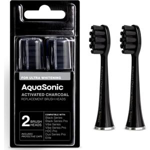AquaSonic Genuine 2-Pack Activated Charcoal Brush Heads - Ultra Whitening Brush Heads - 2X Whitening & Stain Remover - for Black Series & Pro, Vibe Series, Duo Pro Series (Black)