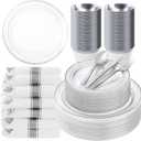 Bestluck 350PCS Clear Plastic Plates with Silver Trim for 50 Guests, Disposable Dinnerware Set for Party & Wedding, Includes 100 Plastic Plates, 50 Pre Rolled Napkins with Silver Silverware, 50 Cups