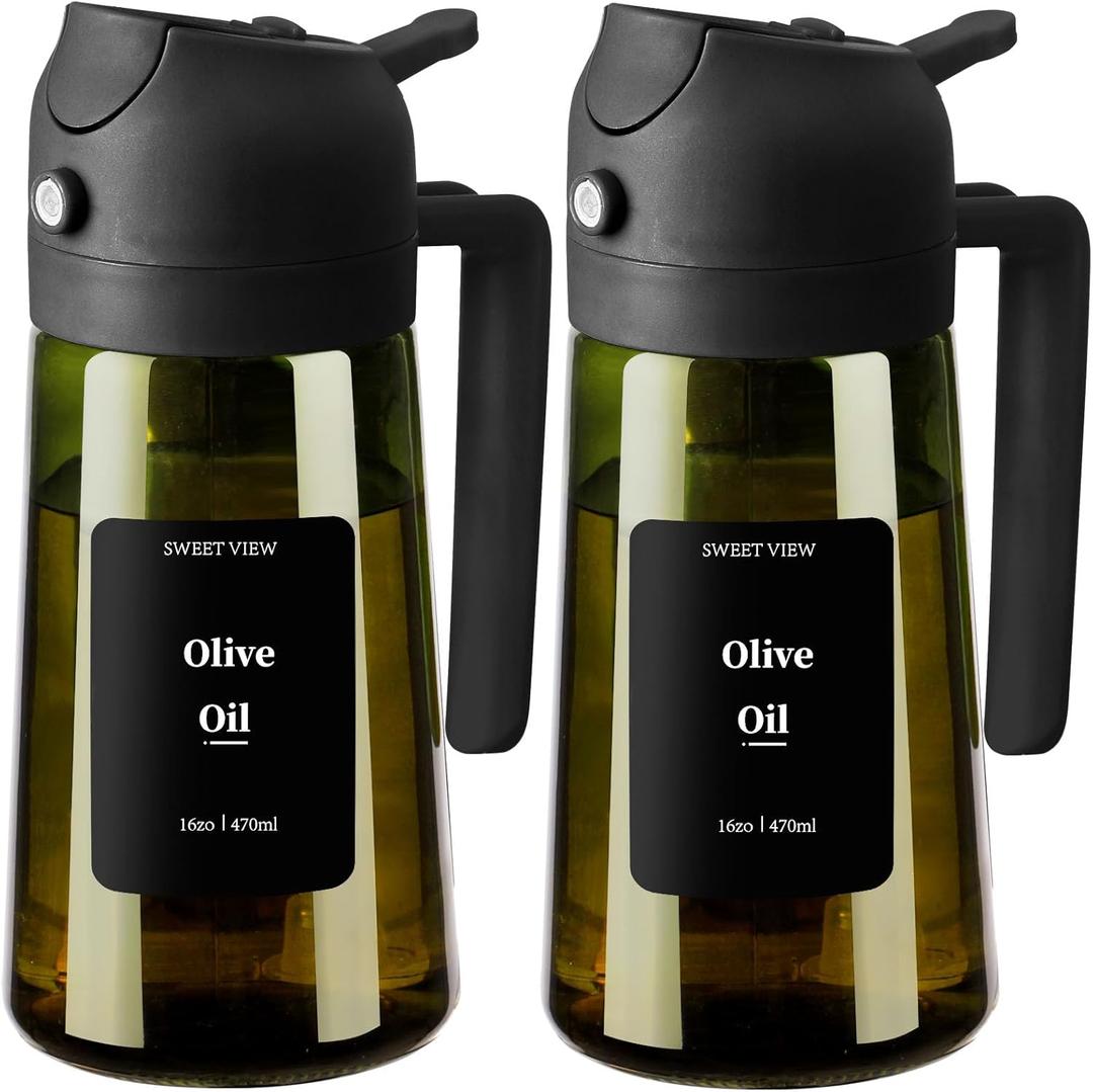 SWEET VIEW 2PCS Olive Oil Dispenser and Oil Sprayer  16oz/470ml Glass Light-Proof Oil Pourer for Kitchen Air Fryer, Cooking, Salad, and BBQ, with Stickers (Black&Black)