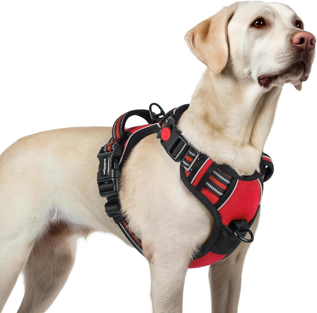 rabbitgoo Dog Harness for Large, No Pull Pet Harness with 3 Buckles, Adjustable Soft Padded Pooch Vest with Instant Control Handle, Easy Walking Reflective Pet Vest for Large Dogs, Red, L
