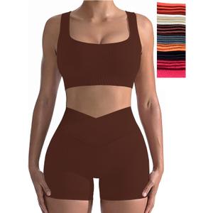 niyokki Workout Sets for Women Two Piece Sexy Summer Sports Bra and Crossover Shorts Matching Workout Set (Small, Coffee)