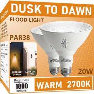 Par38 LED Dusk to Dawn Flood Light Bulbs Outdoor,20W Replace up to 200W,1800LM,E26 Base Outdoor Flood Light Bulbs for Backyard,Garage,Porch,Garden,2700K 2 Pack