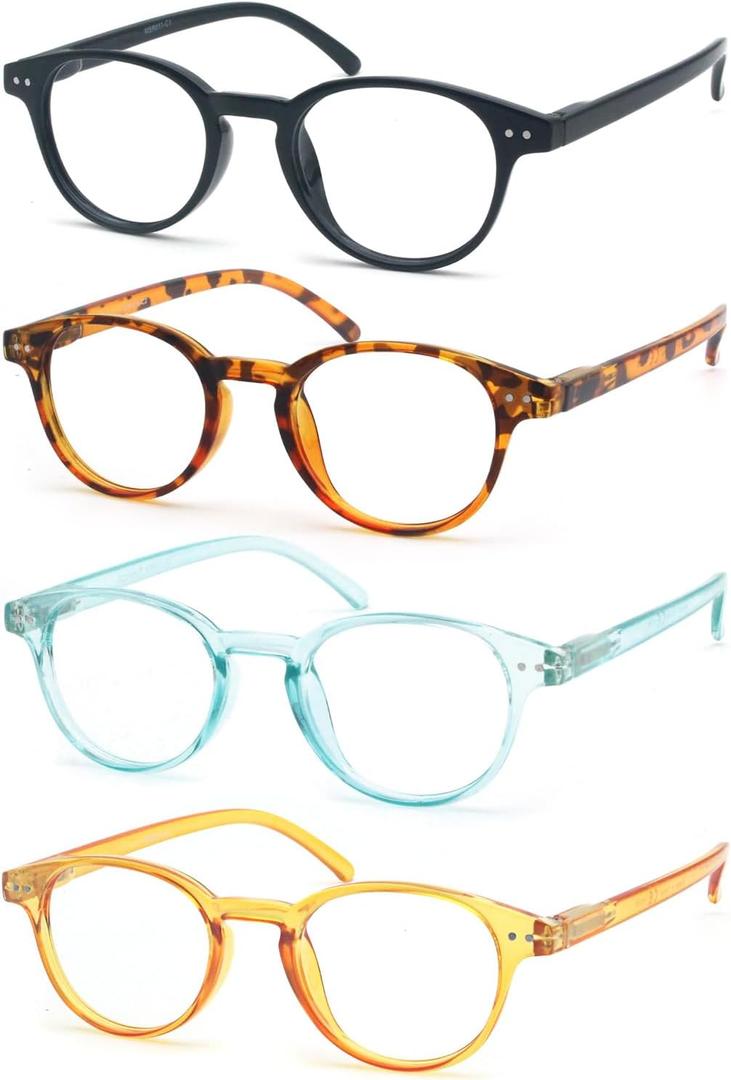Reading Glasses Women Blue Light Blocking Round Readers +1.50 Blue Ray Magnifying Cheaters for Small Head/Petite Face 4 Pack