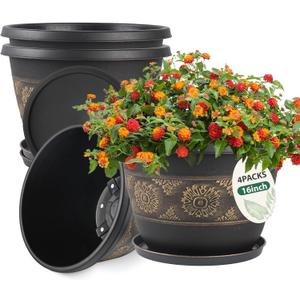 16 Inch Outdoor Planters, 4 Pack, Gold Retro Floral