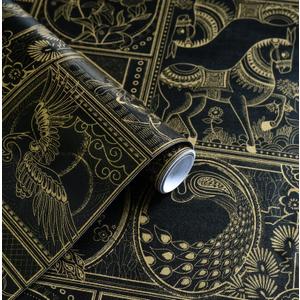 Erfoni 394"x17.7" Vintage Peel and Stick Wallpaper Black and Gold Contact Paper Peel and Stick Removable Animal Pattern Wall Paper DIY Waterproof Self Adhesive Wallpaper for Accent Wall Covering