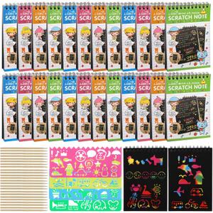 Suwimut 24 Pack Scratch Paper Art for Kids, Magic Rainbow Scratch Off Notebook Black Coloring Books with 24 Wooden Stylus & 4 Drawing Stencils for Age 3-12 Boys Girls Party Favor Birthday Gift