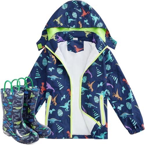 Twistover Kids Rain Jacket and Boots Set Boys Rain Coat with Detachable Hood Windbreaker for Toddler Windproof Waterproof