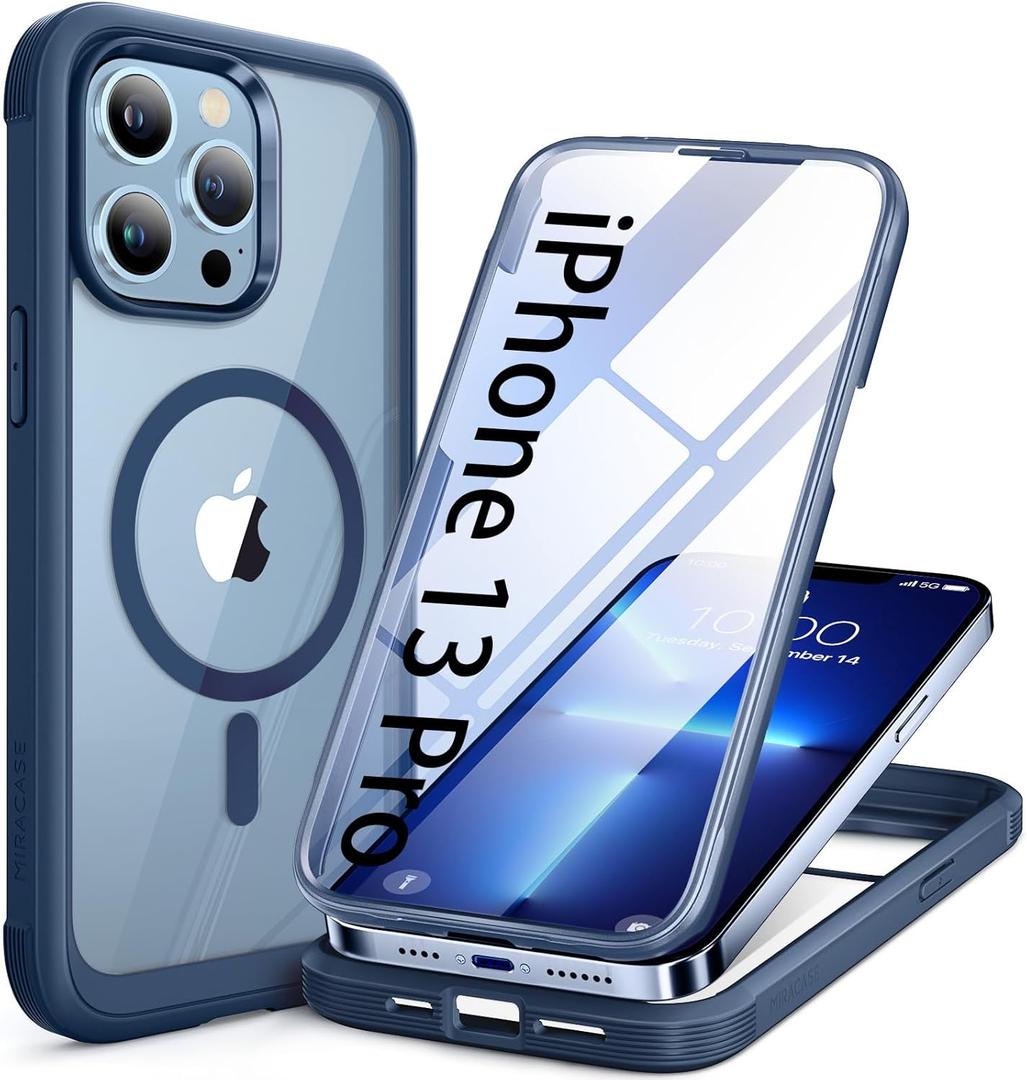 Miracase Magnetic Glass for iPhone 13 Pro Case,Compatible with MagSafe,Full-Body Bumper with Shockproof Military-Grade,Built-in 9H Tempered Glass Screen Protector for iPhone 13 Pro,Dark Blue