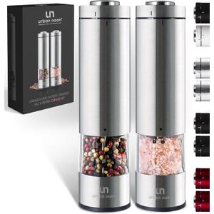Electric Salt and Pepper Grinder Set - Battery Operated Stainless Steel Mill with Light (2 Mills) - Automatic One Handed Operation - Electronic Adjustable Shakers - Ceramic Grinders (Set of 2 - Battery Operated-UN8)