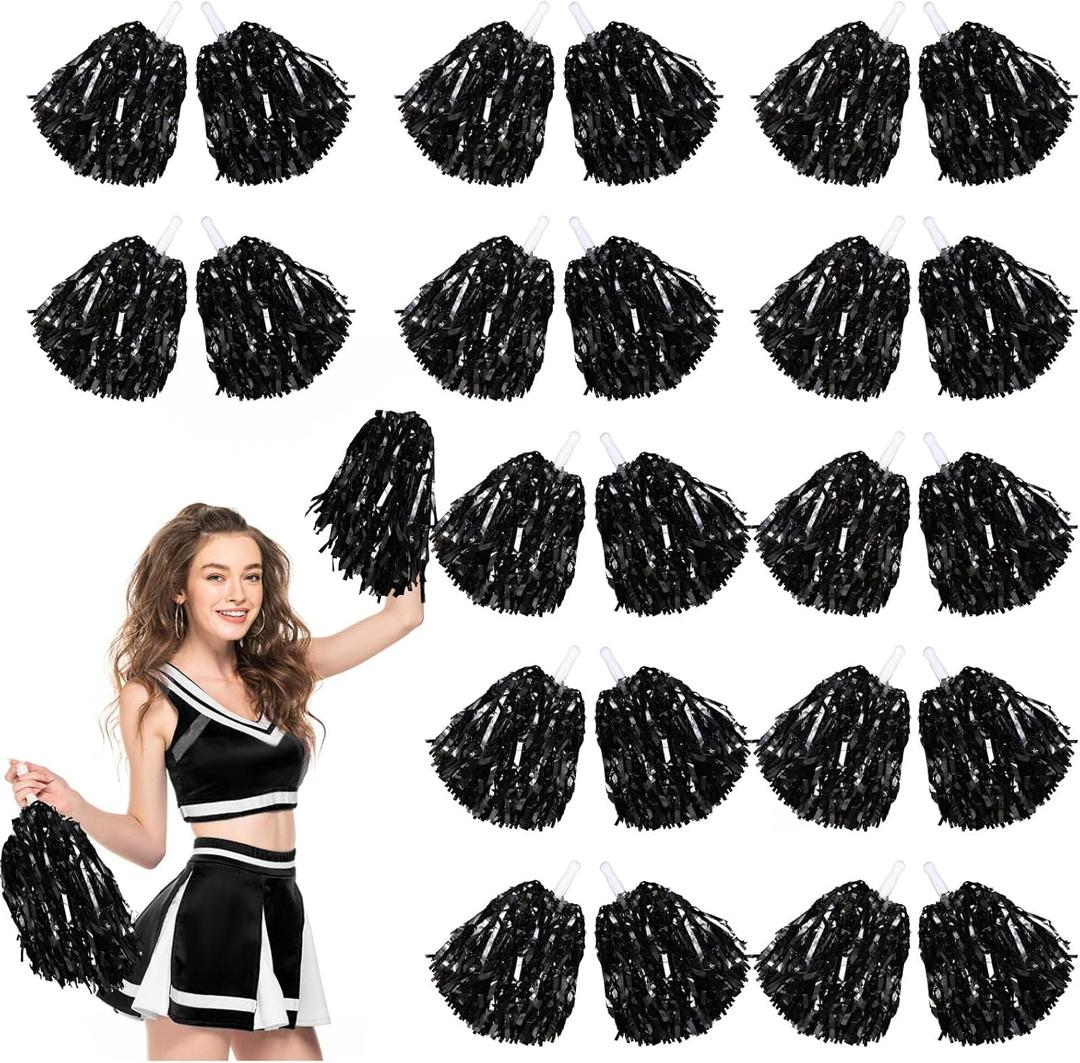 24 Pcs Cheerleading Pom Poms, Metallic Foil Handle Cheer Squad Team Spirited Fun for Party, Sports Dance Cheer, 30 Grams Weight Each (Black)