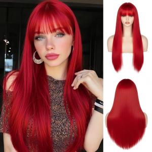 Red Long Silky Straight Wig With Bangs for Women Heat Resistant Synthetic Natural Looking Hair for Girls Daily Use Party Cosplay