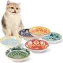 Ceramic Cat Bowls Set of 6 - Colorful Cute Shallow Cat Dishes - Great for Multi-Pet Homes - 5.6 Inch, Whisker Friendly and Wide - Microwave & Dishwasher Safe - 5.3 oz (185 ml)