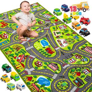 JOYIN Kids Play Rugs - 12 Pull-Back Vehicle Set - Durable Carpet Playmat Rug - City Pretending Play - Toddler Car Track Rug