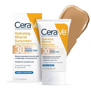 CeraVe Hydrating Mineral Sunscreen SPF 30 with Sheer Tint, Tinted Mineral Sunscreen with Zinc Oxide & Titanium Dioxide, Blends Seamlessly For Healthy Glow, Medium, 1.7 Fluid Ounce, Expiration Date 2025/12