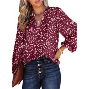 Dokotoo Women's Casual V Neck Alicia Floral Print Smocked Long Sleeve Chiffon Blouses Bohemian Top Shirts (Large, Biking Red)