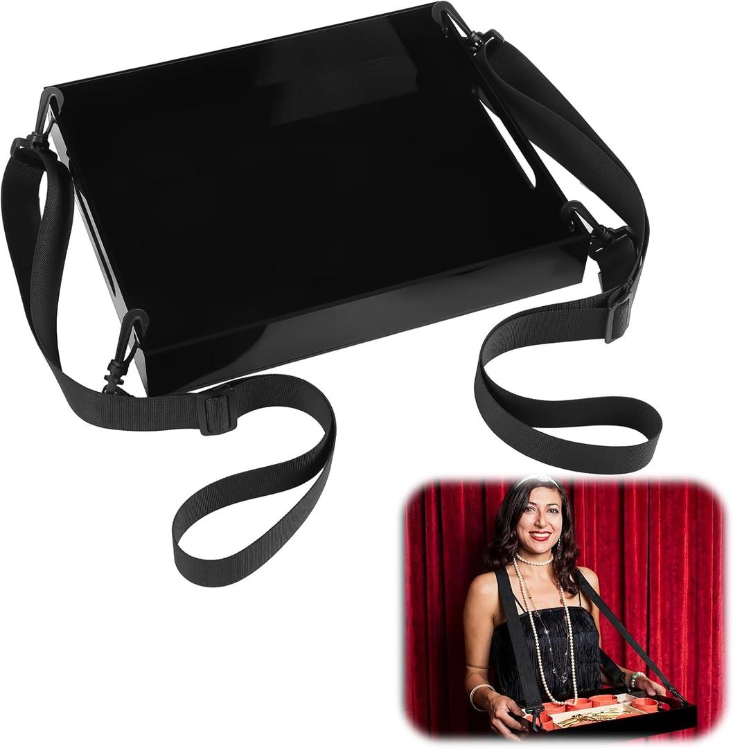 Novabright 1 Pack Acrylic Snack Serving Tray with Adjustable Strap 13 x 11 x 2 Inch Wearable Snack Serving Trays Carrier Tray for Girl 20's Theme and Movie Night Party Carnival (Black)