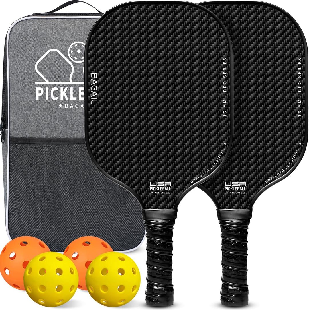 BAGAIL Pickleball Paddles, USAPA Approved Fiberglass Surface Pickleball Set, Lightweight Pickle Ball Rackets with 4 Balls, 1 Bag, Designed in California for Traction and Stability (2-Pack, Black)