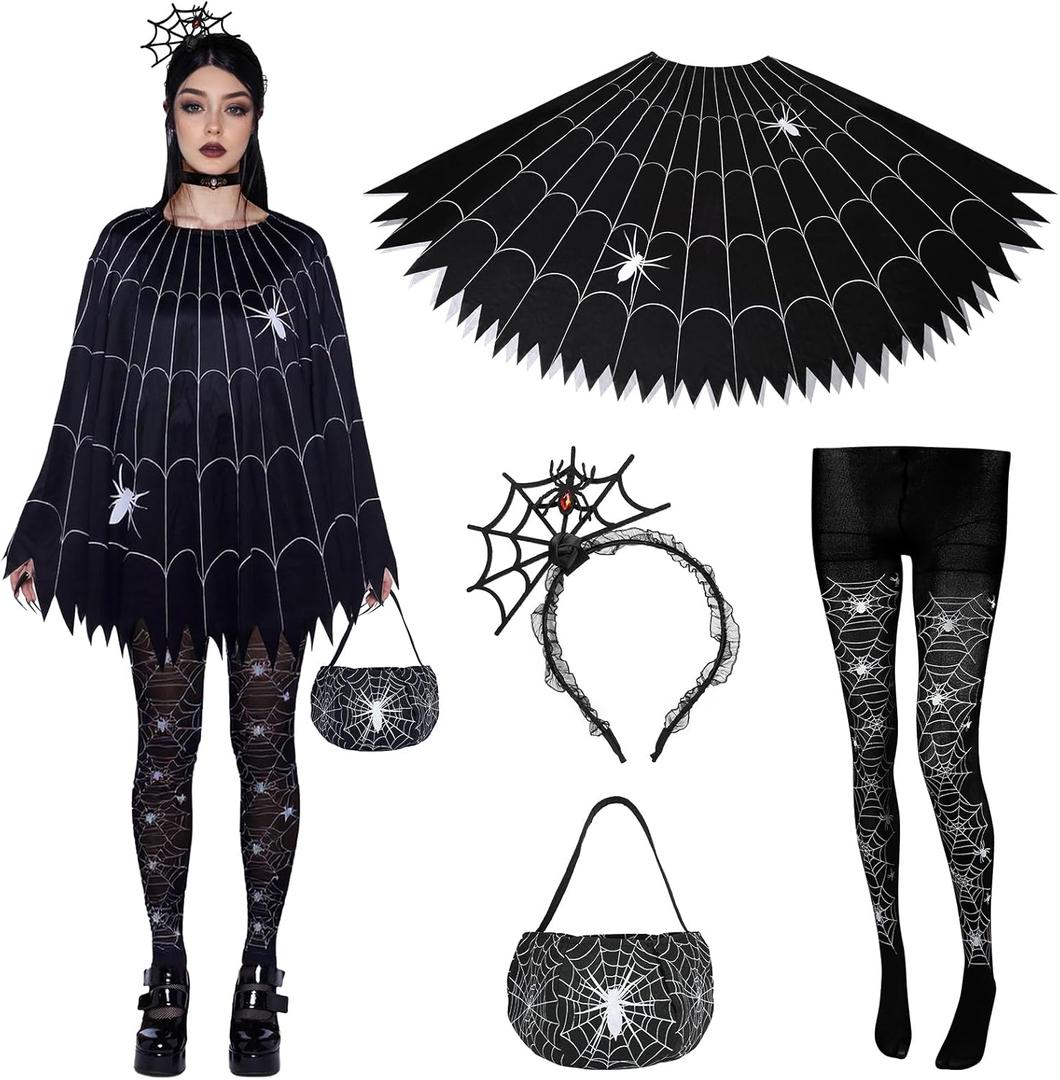 4 PCS Halloween Costume Set for Women Adult Spider Web Costume Spider Poncho, Candy bag Headband and Nylon Striped Tights
