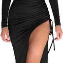 LAGSHIAN Women's Sexy Bodycon Cocktail Square Neck Long Sleeve High Split Ruched Midi Party Dress (Black)