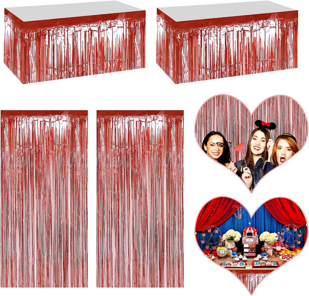 2 x 4P Metallic Foil Fringe Tinsel Table Skirts for Rectangle Tables Backdrop Banner Streamer Garland Curtains for Parade Floats Wedding Graduation Anniversary Birthday Parties Decoration (Rose Gold)