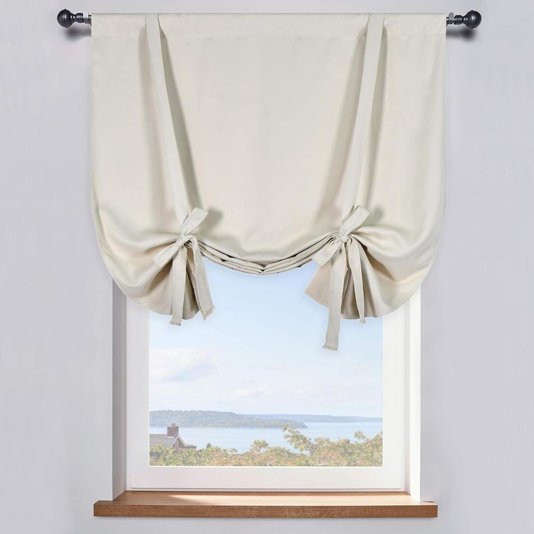 DONREN 45 inch Length Cream Beige Window Valance for Kitchen - Tie Up Curtain Roman Shade Rod Pocket Door Curtain Drapery for Home Decor Adjustable Balloon Valance,1 Pcs,W 34" x L 45"