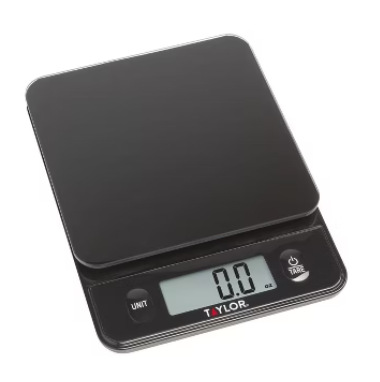 Taylor Glass Top Food Scale with Touch Controls, 11 lb Capacity, Sleek Black Design for Precision Food Measurement in Grams and Ounces