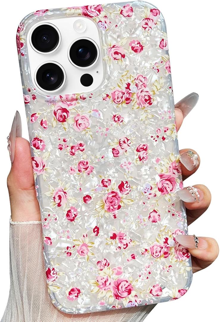 Jmltech for iPhone 16 Pro Max Case Women Girly Aesthetic Floral Shockproof Slim Thin Protective Flowers Flexible Silicone Cases for iPhone 16 Pro Max Pink with Beaded Phone Charms Wristlet