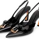Women Heels Slingback Pointed Closed Toe Kitten Heel Sandals Slip On Stiletto 2.6 Inch Pumps Metal Buckle Patent Leather Evening Prom Party Dress Shoes (Cool Black)