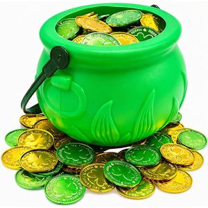 4E's Novelty 5 Inch St Patricks Day Pot of Gold Decorations with 100 Lucky Coins - Green Pot of Gold Cauldron Plastic Bucket for Leprechaun Decorations, Green & Gold Coins Plastic