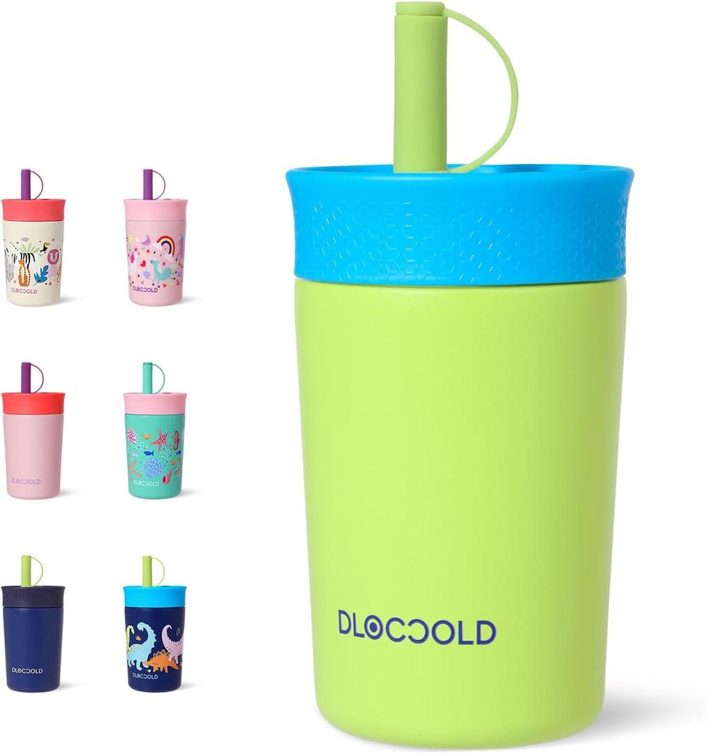 DLOCCOLD 12 oz Insulated Stainless Steel Straw Tumbler, Reusable Sippy Cup With Leak-Proof Spill Resistant Flexible Straw Lid, Cups, Easy to Clean, Water Bottle, Great for Travel, Home (Fruit Green)