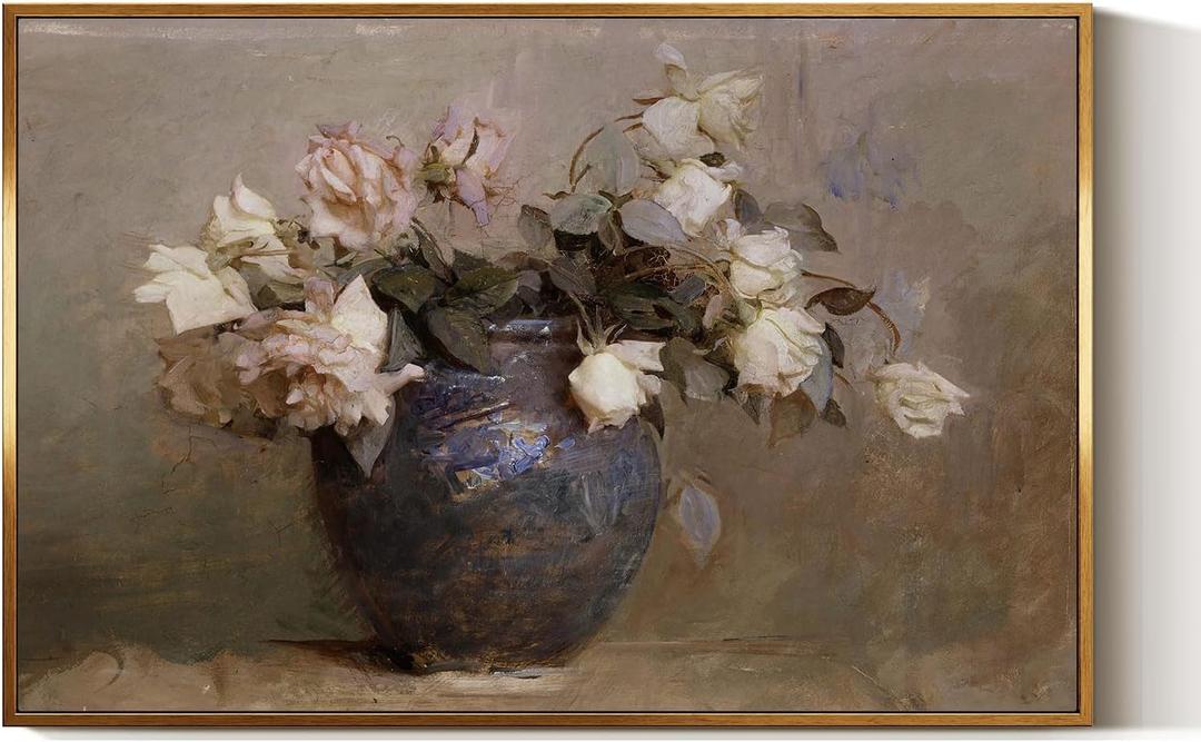 InSimSea Golden Framed Vintage Canvas Wall Art Roses Flower Floral Painting Prints Still Life 16x24in, Moody Rustic Canvas Gallery Print, Neutral Colors Romantic Farmhouse Home Botanical Wall Decor