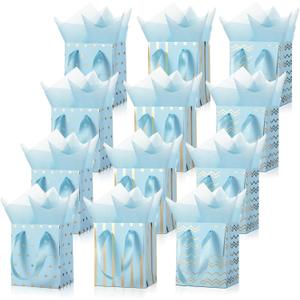 Tenare 12 Pcs Small Gift Bags Mini Metallic Paper Bag Bulk Tiny with Handle Tissue Paper for gift wrapping Birthday Wedding Baby Shower Party Favor Supplies(4 x 2.75 x 4.5 Inch,Light Blue Gold)