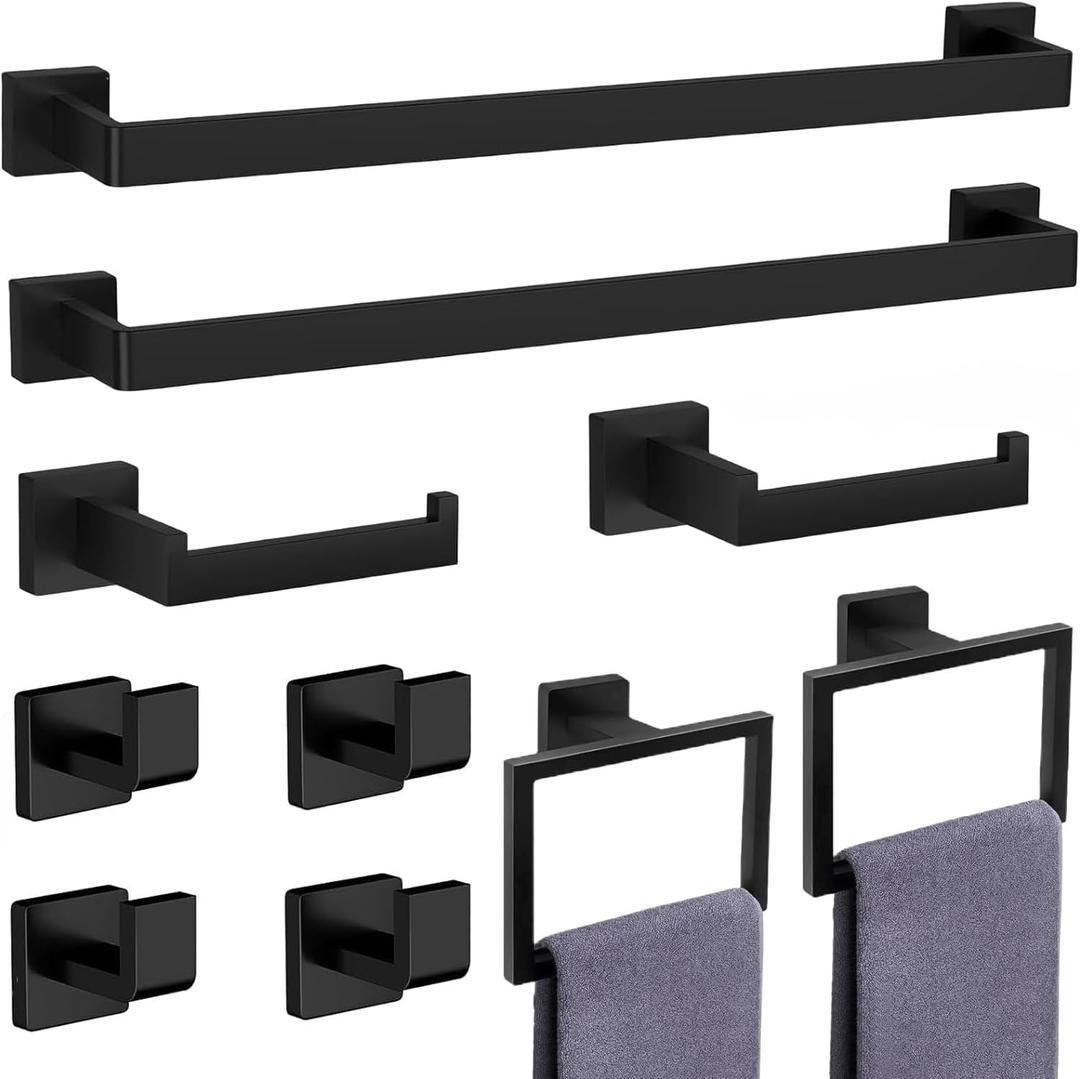 10-Pieces Matte Black Bathroom Accessories Set, Stainless Steel Bathroom Hardware Set, Towel Racks for Bathroom Wall Mounted 24 Inch Bath Towel Bar Set. 10-Pieces Matte Black Bathroom Accessories Set, Stainless Steel Bathroom Hardware Set, Towel Racks for Bathroom Wall Mounted 24 Inch Bath Towel Bar Set.