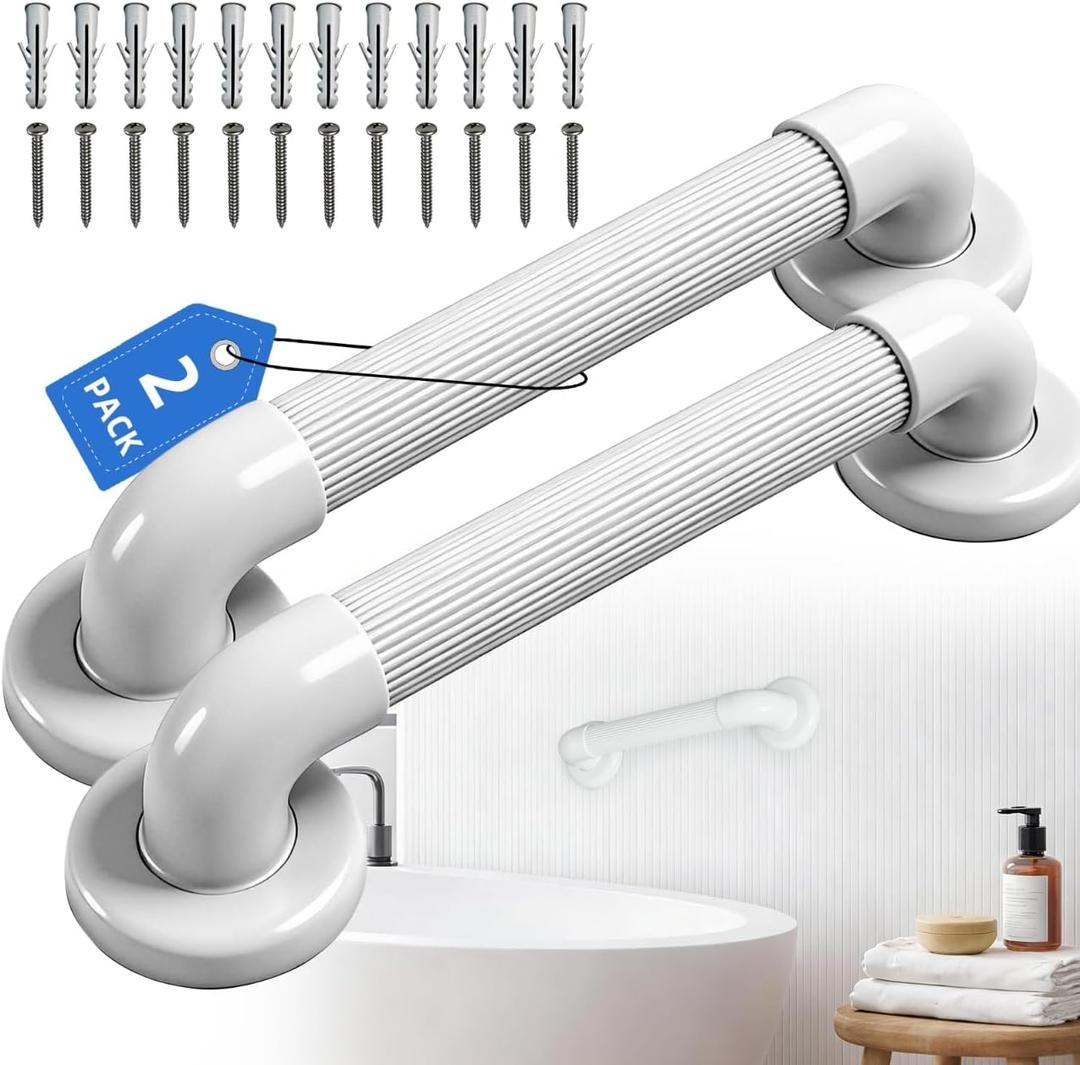 Shower Grab Bar 2 Pack 12” ABS Safety Bars for Seniors, Wall Mount Bath tub Handles with Screws & Anchors, Bathroom Support Rails for Pregnant Women & Handicap Users, Toilet & Bathtub Assistance