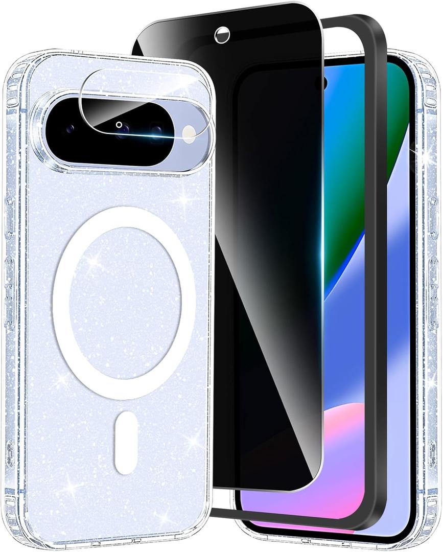 Magnetic for Google Pixel 10 Case Glitter with Privacy Screen Protector & Camera Lens Protectors, [Anti Yellowing] Shockproof Women Girls Slim Bling Sparkly Bumper Cover Phone Cases
