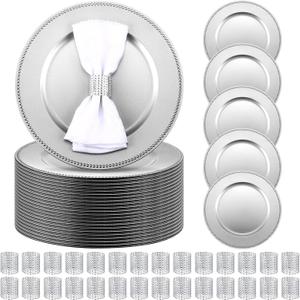 Tanlade 100 Pcs Charger Plates Bulk with Napkin Rings Set Include 50 Plastic Beaded Plate Chargers 50 Napkin Rings 13'' Round Dinner Plate Chargers Set for Table Setting Wedding Party(Silver), Beaded Style
