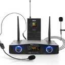 PYLE Compact UHF Wireless Microphone System - Pro Portable 1 Channel Desktop Digital Mic Receiver Set w/ Belt-Pack Transmitter, Receiver, Headset and Lavalier Mics, XLR, For Home, PA PDWM1988B,Black
