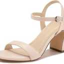 XMWEALTHY Women's Chunky Block High Heels 3-Inch Comfortable Open Toe Bridal Wedding Heels Ankle Strap Party Dress Heeled Sandals (6, Nude)