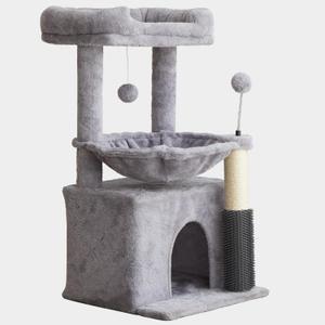 Cat Tree for Indoor Cats, 32 Inch Tall Cat Tower with Hammock, 2 Condos, Plush Perch & Sisal Scratching Posts, Multi-Level Kitten Activity Center for Small Medium Cats, Grey