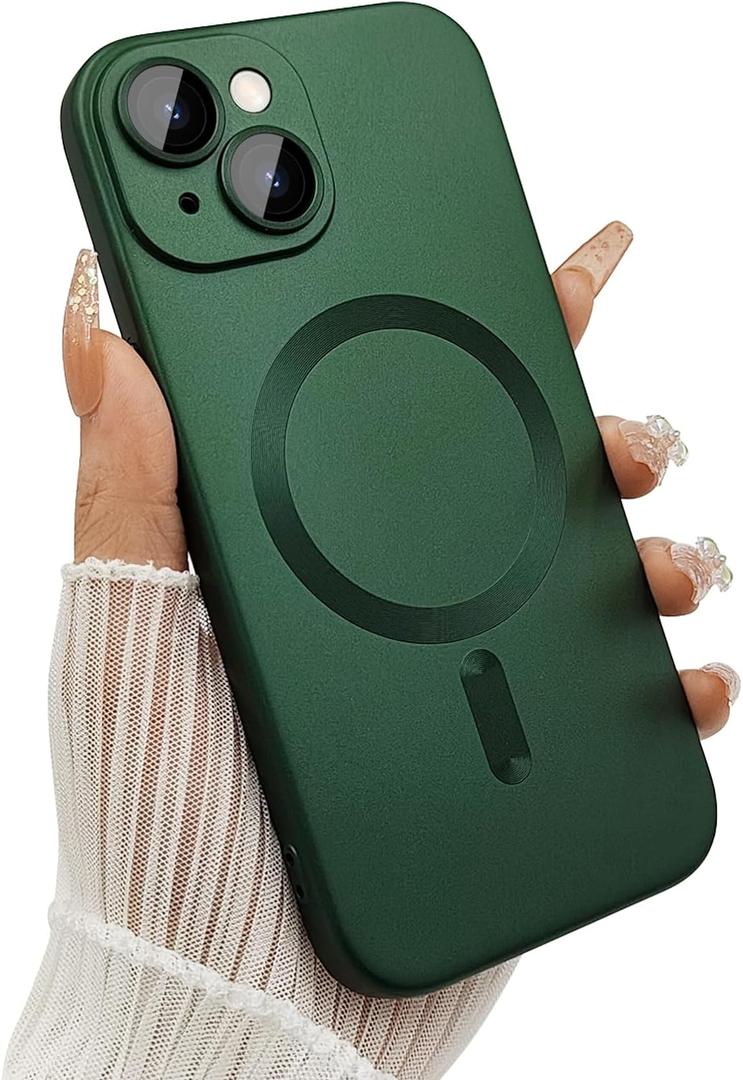 Magnetic for iPhone 14 Phone Case for Women/Men, Shockproof Matte Luxury Soft Metallic Luster Design with Camera Lens Protector, Compatible with Magsafe Case for iPhone 14 6.1"-Green