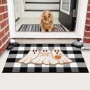 Nuanchu 2 Pcs Halloween Door Mat Combo Set Ghost Coir Non Slip Welcome Mat 28" x 43" Black and White Buffalo Plaid Rug for Halloween Front Porch Entryway Decor