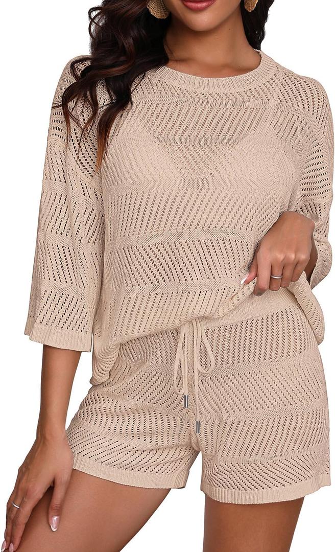 Women's Two Piece Coverup Set - Crochet Beach Cover Ups with Shorts Half Sleeve Swimsuit Bathing Suit Coverups (Large, Beige)