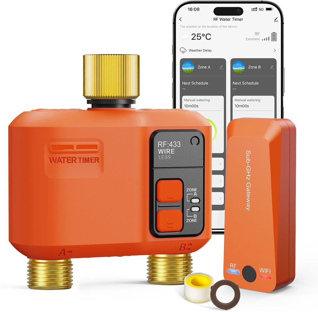WiFi Sprinkler Timer 2 Zone, Smart Water Timer With Brass Inlet & Outlet | 984 FT Long-Range Wireless Connection, APP Remote Control, Alexa & Google Assistant, Rain Delay And Manual Irrigation