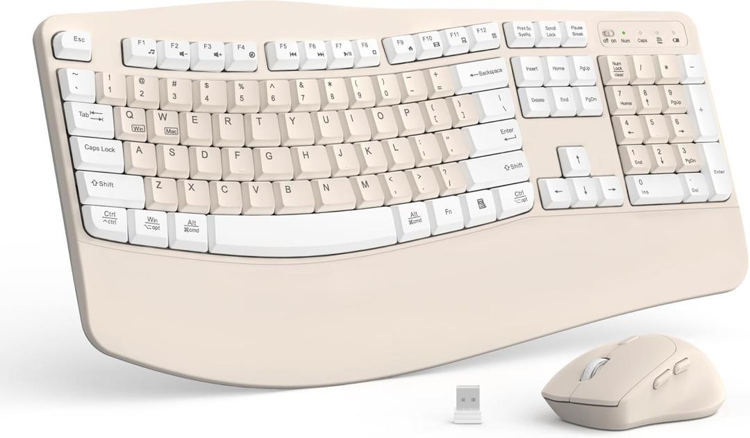 Ergonomic Wireless Keyboard and Mouse Combo, Wave Keys Keyboard with Wrist Rest for Natural Typing, 3 DPI Adjustable Ergonomic Silent Mouse for Computer/Laptop/Windows/Mac (Latte Color-A)