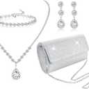 Subiceto 4Pcs Silver Clutch Purse Jewelry Set for Women Evening Rhinestone Purse Crystal Necklace Earrings Bracelets Set Silver Accessories for Women Bride Wedding Jewelry Lightweight